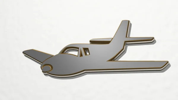 Aeroplane Flying Perspektywy Ścianie Gruba Rzeźba Wykonana Metalowych Materiałów Renderingu — Zdjęcie stockowe