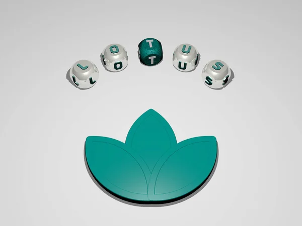 LOTUS 'un dikey olarak 3B grafiksel görüntüsü ve üst perspektiften metalik kübik harflerle simge etrafında oluşturulan metin, konsept sunumu ve slayt gösterileri için mükemmel. resimleme