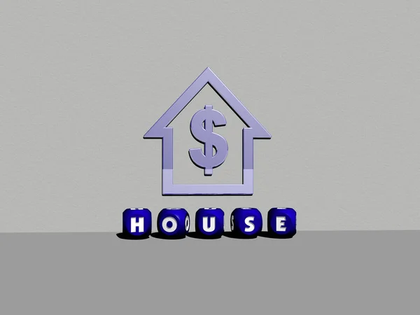 3D illustration of house graphics and text made by metallic dice letters for the related meanings of the concept and presentations. building and architecture