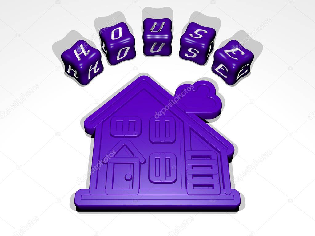 3D graphical image of house vertically along with text built around the icon by metallic cubic letters from the top perspective, excellent for the concept presentation and slideshows. building and