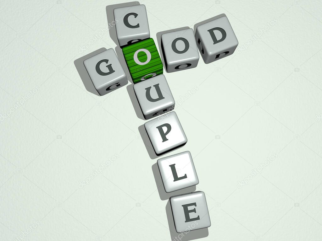 crosswords of good couple arranged by cubic letters on a mirror floor, concept meaning and presentation. illustration and background