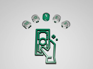 Konsept ve sunumların ilgili anlamları için metalik zar harflerinin oluşturduğu ikonun etrafına para grafiklerinin üç boyutlu çizimi ve metin. iş ve arkaplan