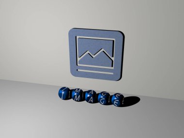 Resmin 3B grafik resmi, üst perspektiften metalik kübik harflerle oluşturulan metinlerle birlikte, konsept sunumu ve slayt gösterimi için mükemmel