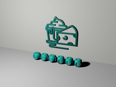 Peynirin dikey olarak üç boyutlu grafiksel görüntüsü ve üst perspektiften metalik kübik harflerle oluşturulan metinler, konsept sunumu ve slayt gösterileri için mükemmel. arkaplan ve yiyecek