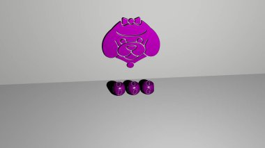 Duvarında ikon olan köpeğin 3 boyutlu temsili ve ayna zemininde kavram ve slayt gösterisi sunumu için metalik kübik harflerle düzenlenmiş metin. hayvan ve şirin