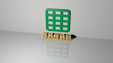 Duvarında simge ve ayna zemininde metalik kübik harflerle konsept ve slayt gösterisi sunumu için düzenlenmiş 3B Tablo sunumu. arkaplan ve tahta