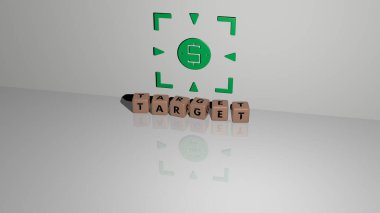 Konsept ve sunumların ilgili anlamları için metalik zar harflerinin oluşturduğu hedef grafiklerin 3 boyutlu çizimi. iş ve simge