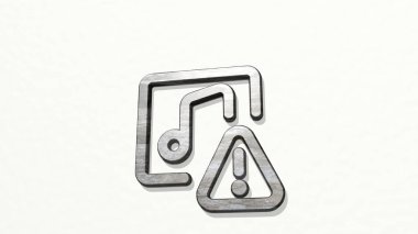 Duvardaki bir perspektiften çalma listesi uyarısı. Üç boyutlu metalik malzemelerden yapılmış kalın bir heykel. müzik ve simge