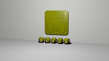 3 boyutlu ölçek gösterimi, duvarda simge ve ayna zemininde metalik kübik harflerle konsept ve slayt gösterisi sunumu için düzenlenmiş metin. Resim ve arkaplan