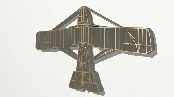 Duvarda Uçan Bir Uçak Metalik Heykelin Beyaz Arka Planda Yumuşak — Stok fotoğraf