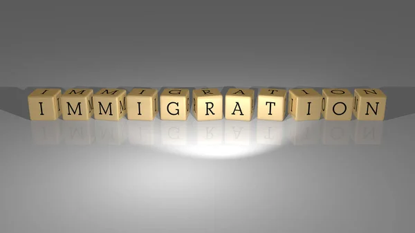移民的3D表示 在墙上有图标 文字在镜面用金属立方体字母排列 以反映概念意义和幻灯片演示 图解和护照 — 图库照片