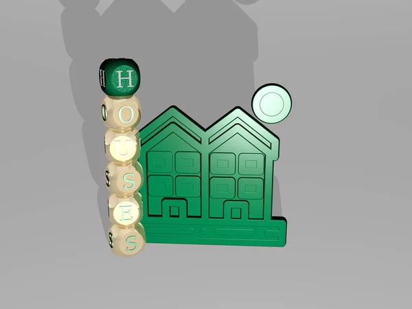 3D illustration of HOUSES graphics and text around the icon made by metallic dice letters for the related meanings of the concept and presentations. architecture and city