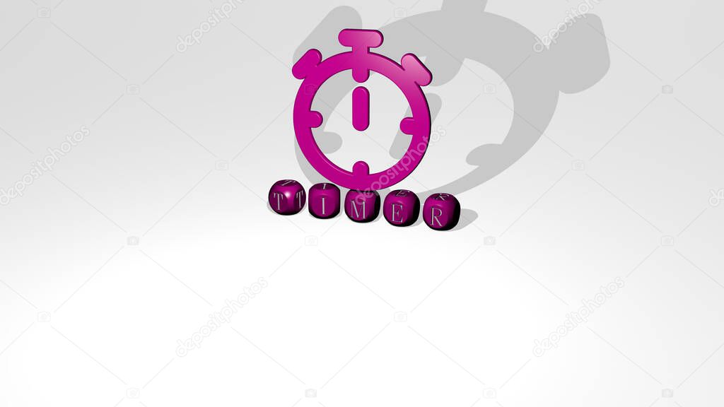 3D illustration of timer graphics and text made by metallic dice letters for the related meanings of the concept and presentations. clock and icon