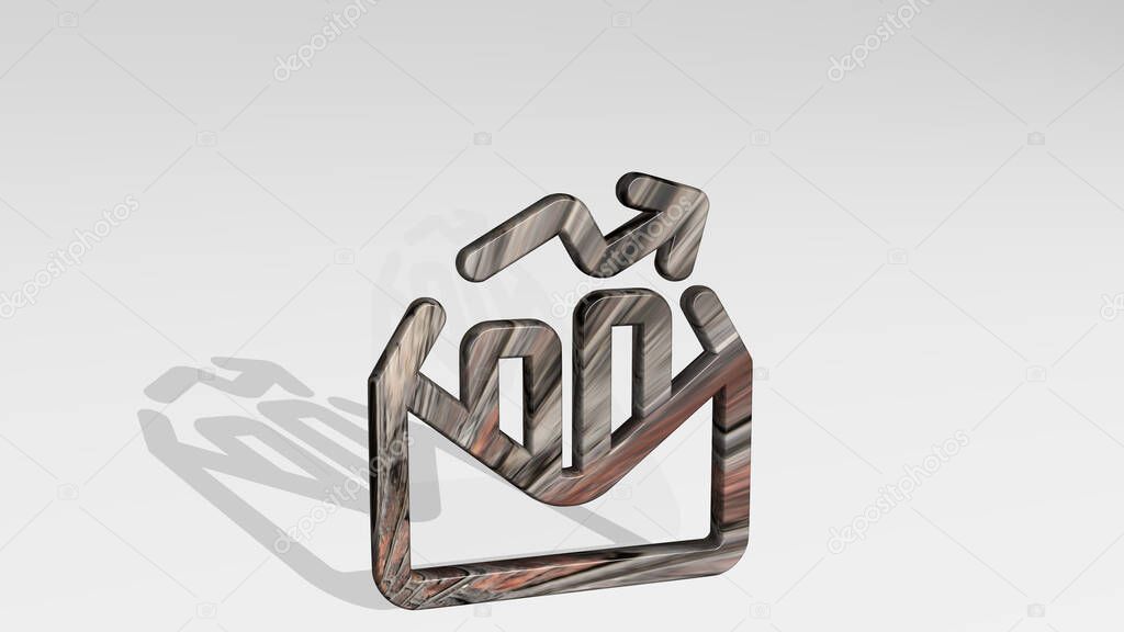 PERFORMANCE INCREASE MAIL made by 3D illustration of a shiny metallic sculpture casting shadow on light background. editorial and business
