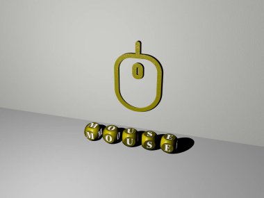 Duvarında ikon olan farenin 3 boyutlu temsili ve ayna zemininde konsept ve slayt gösterisi sunumu için metalik kübik harflerle düzenlenmiş metin. Resim ve arkaplan