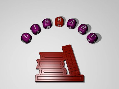 Duvarında ikon olan kütüphanenin 3 boyutlu temsili ve kavram ve slayt gösterisi sunumu için ayna zemininde metalik kübik harflerle düzenlenmiş metin. kitap ve eğitim