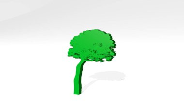 Işık arkaplanı olan bir duvarda parlayan metalik bir heykelin 3 boyutlu çizimi ile yapılmış bir ağaç. Noel ve güzel