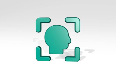 Gölgeli yüz tanıma. Metalik heykelin beyaz arka planda, yumuşak desenli üç boyutlu çizimi. Güzel ve kadın.