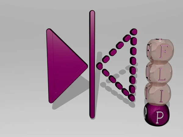 三维的Flip图形图解和文字环绕图标 用金属骰子字母表示图形的相关含义和表述 背景和海滩 — 图库照片