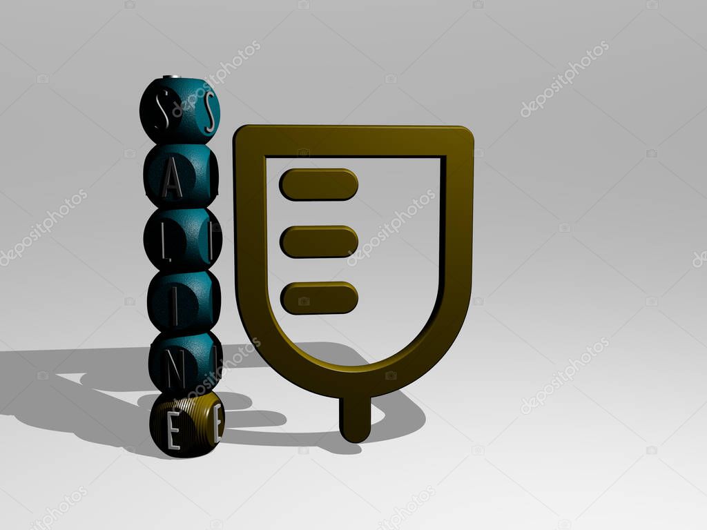 3D illustration of saline graphics and text around the icon made by metallic dice letters for the related meanings of the concept and presentations. care and hospital