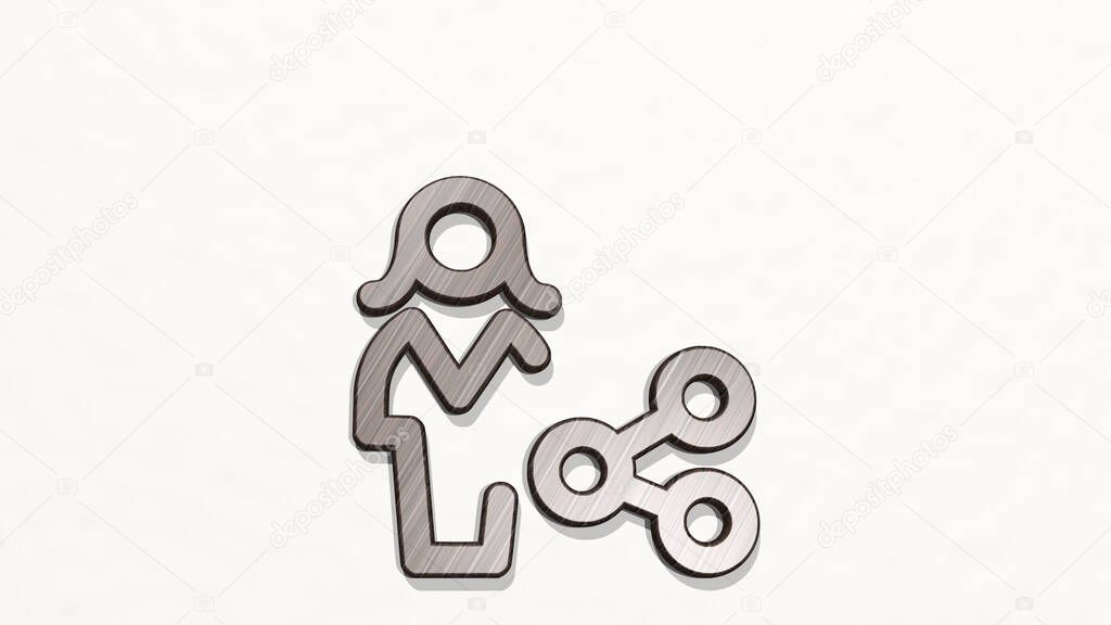 single woman actions share on the wall. 3D illustration of metallic sculpture over a white background with mild texture. icon and isolated
