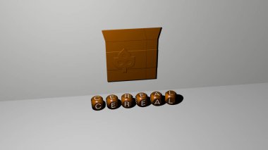 Mısır gevreğinin dikey olarak üç boyutlu grafiksel görüntüsü ve üst perspektiften metalik kübik harflerle oluşturulan metinler, konsept sunumu ve slayt gösterileri için mükemmel. arka plan ve tarım