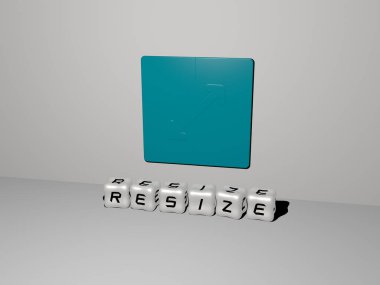 RESIZE 'nin duvarında simge ve ayna zemininde metalik kübik harflerle konsept ve slayt gösterisi sunumu için düzenlenmiş üç boyutlu temsili. Resim ve ok