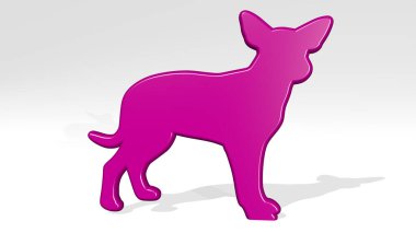 Köpek, ışık arka planında gölgesi olan parlak metalik bir heykelin üç boyutlu bir illüstrasyonuyla yapılmış. hayvan ve şirin