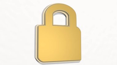 Işık arkaplanı olan bir duvardaki parlak metalik heykelin 3 boyutlu çizimi ile yapılmış bir kilit. simge ve kapı