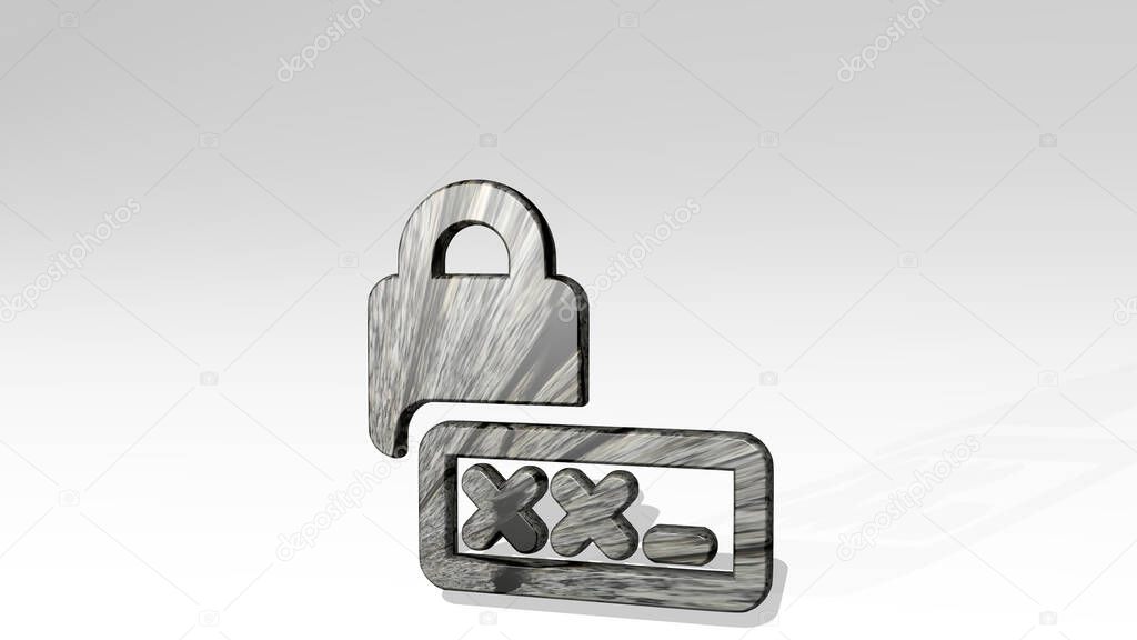 PASSWORD LOCK casting shadow from a perspective. A thick sculpture made of metallic materials of 3D rendering. illustration and icon
