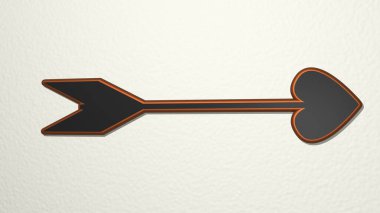 Ok ve kalp, parlak arkaplanlı bir duvardaki parlak metalik heykelin 3 boyutlu bir çizimi tarafından yapıldı. simge ve tasarım