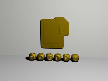 Tabletin dikey olarak 3B grafiksel görüntüsü ve üst perspektiften metalik kübik harflerle oluşturulan metinler, konsept sunumu ve slayt gösterileri için mükemmel. bilgisayar ve dijital