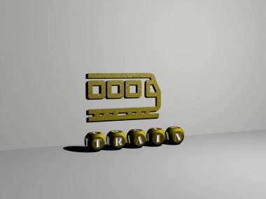 Duvarında ikon olan TRAIN 'in 3 boyutlu temsili ve ayna zemininde konsept ve slayt gösterisi sunumu için metalik kübik harflerle düzenlenmiş metin. istasyon ve yazı işleri