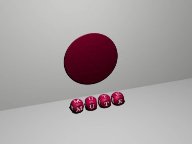 MUTE 'nin dikey olarak 3D grafik resmi, üst perspektiften metalik kübik harflerle oluşturulmuş metinlerle birlikte, konsept sunumu ve slayt gösterileri için mükemmel. Resim ve simge