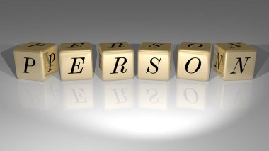 Duvarında ikon olan ve ayna zemininde metalik kübik harflerle konsept ve slayt gösterisi sunumu için düzenlenmiş 3D kişi temsili. Resim ve arkaplan