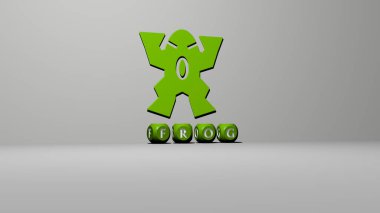 Kurbağanın dikey olarak üç boyutlu grafiksel görüntüsü ve üst perspektiften metalik kübik harflerle yapılmış metinler, konsept sunum ve slayt gösterileri için mükemmel. hayvan ve resimleme