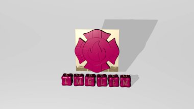 Konsept ve sunumların ilgili anlamları için metalik zar harflerinin oluşturduğu amblem grafikleri ve metinlerin 3 boyutlu çizimi. tasarım ve logo