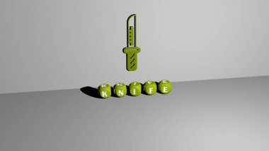 Bıçak grafiklerinin üç boyutlu çizimi ve konsept ve sunumların ilgili anlamları için metalik zar harflerinin oluşturduğu metinler. arkaplan ve çatal