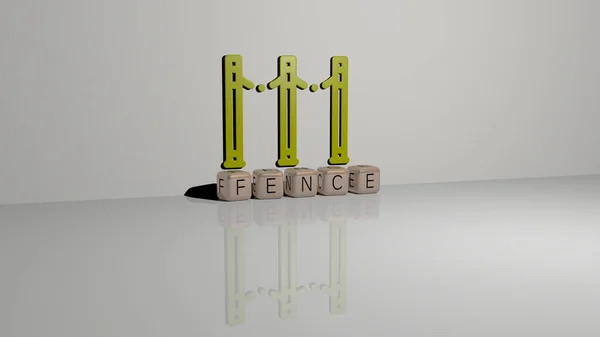 3D graphical image of FENCE vertically along with text built by metallic cubic letters from the top perspective, excellent for the concept presentation and slideshows. background and wooden