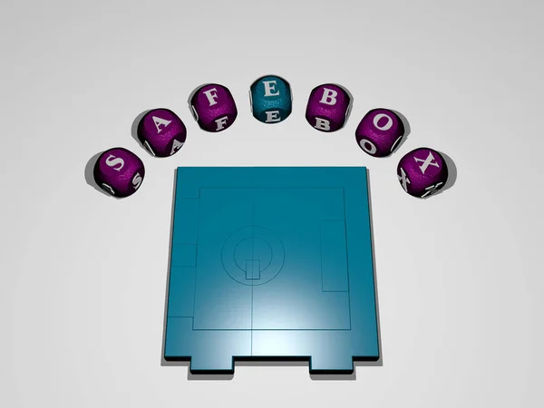 3D graphical image of safebox vertically along with text built around the icon by metallic cubic letters from the top perspective, excellent for the concept presentation and slideshows