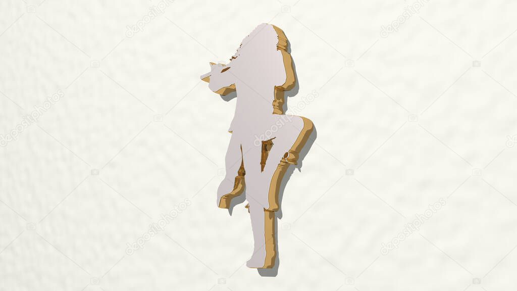 MAGICAL PIPER made by 3D illustration of a shiny metallic sculpture on a wall with light background. beautiful and abstract