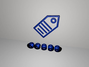 Konsept ve sunumların ilgili anlamları için metalik zar harfleri tarafından yapılan etiket grafikleri ve metinlerinin 3 boyutlu çizimi. tasarım ve arkaplan