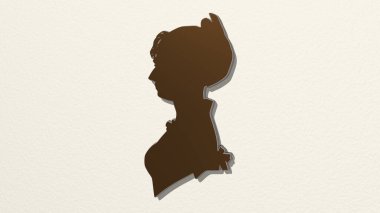 Duvarda bir kadın resmi var. Metalik heykelin beyaz arka planda, yumuşak desenli üç boyutlu çizimi. güzel ve genç