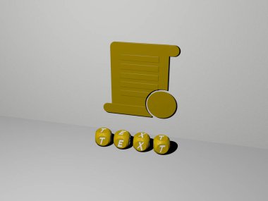TEXT 'in dikey olarak 3D grafiksel görüntüsü, üst perspektiften metalik kübik harflerle oluşturulan metinlerle birlikte, konsept sunumu ve slayt gösterileri için mükemmel. Resim ve arkaplan