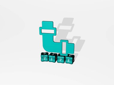 Boru grafiklerinin 3 boyutlu çizimi ve konsept ve sunumların ilgili anlamları için metalik zar harflerinin oluşturduğu metin. arkaplan ve yapı