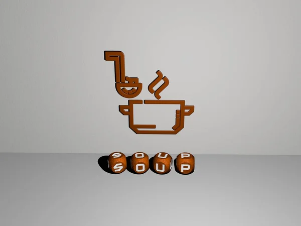 Представление Soup Иконкой Стене Текстом Упорядоченным Металлическими Кубическими Буквами Зеркальном — стоковое фото