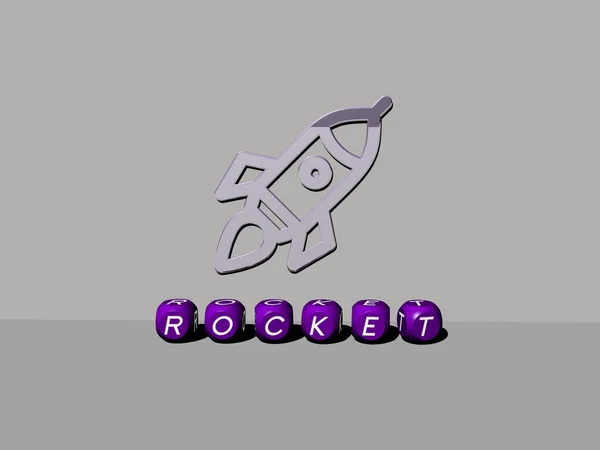 Illustratie Van Rocket Graphics Tekst Gemaakt Door Metalen Dobbelstenen Letters — Stockfoto