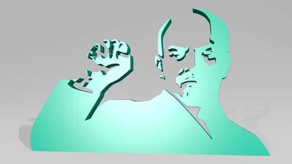 FIST ile LENIN gölgeli bir perspektiften. Üç boyutlu metalik malzemelerden yapılmış kalın bir heykel. Rusya ve editörlük