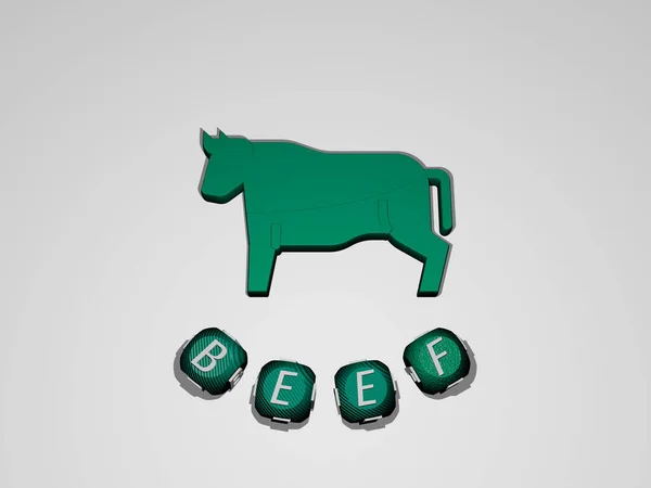 3D representation of BEEF with icon on the wall and text arranged by metallic cubic letters on a mirror floor for concept meaning and slideshow presentation. background and meat