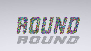 yuvarlak: gölgeli beyaz arkaplan üzerinde küçük nesnelerden yapılmış metnin üç boyutlu çizimi. daire ve tasarım